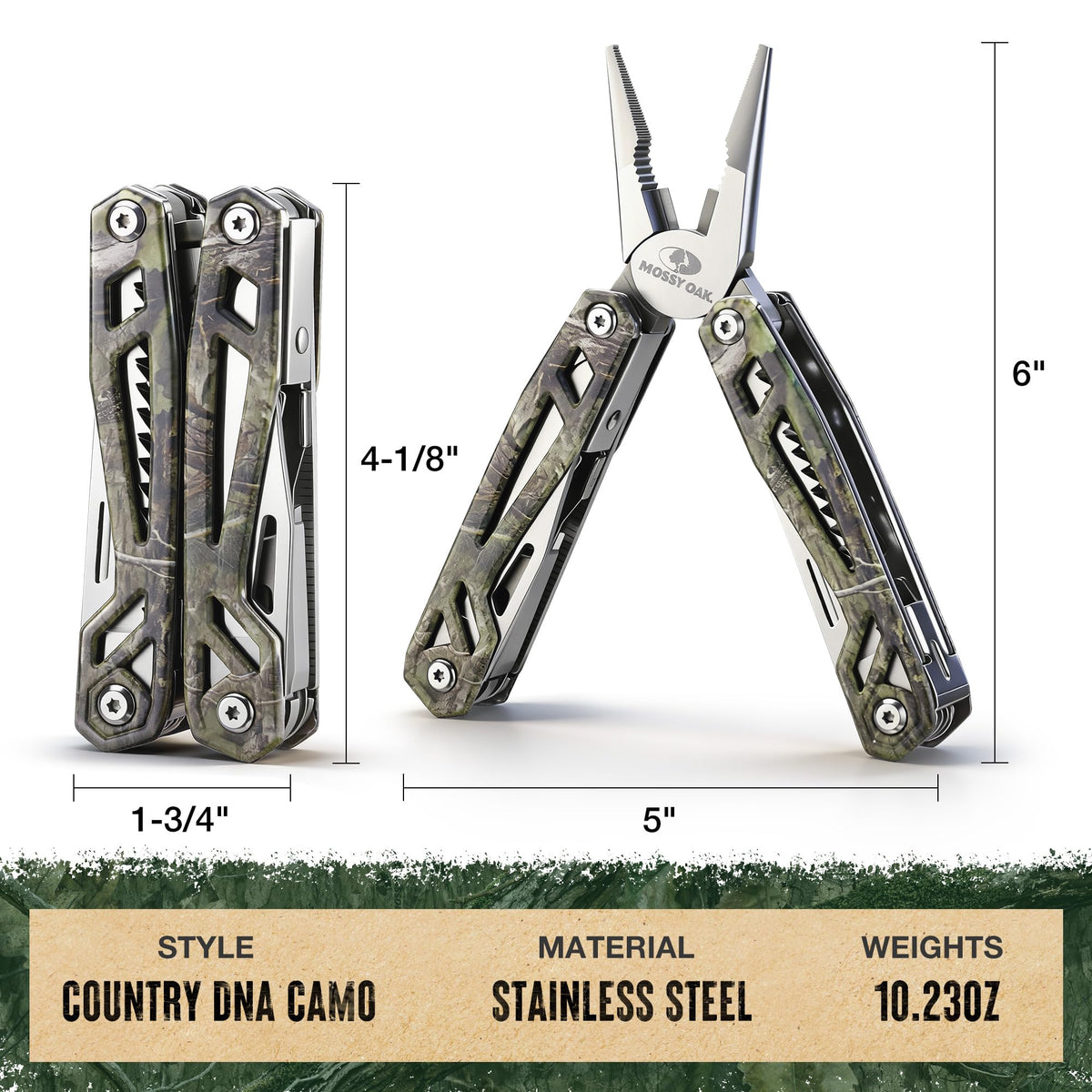 Mossy Oak multitool showing pliers and knife sleeve for quick tasks