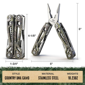 Mossy Oak multitool showing pliers and knife sleeve for quick tasks