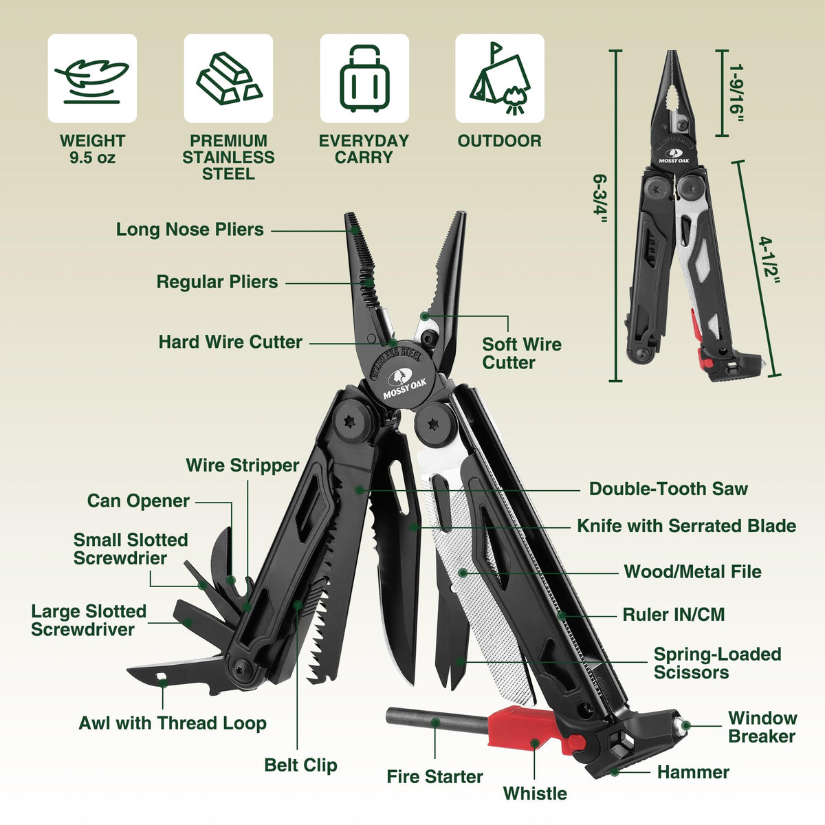 Mossy Oak multitool self-locking design for safe one handed use.