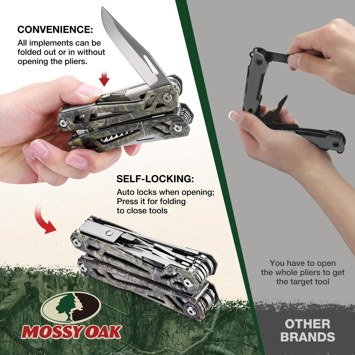 Mossy Oak multitool featuring a self-locking mechanism for safe use