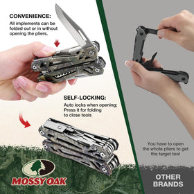 Mossy Oak multitool featuring a self-locking mechanism for safe use