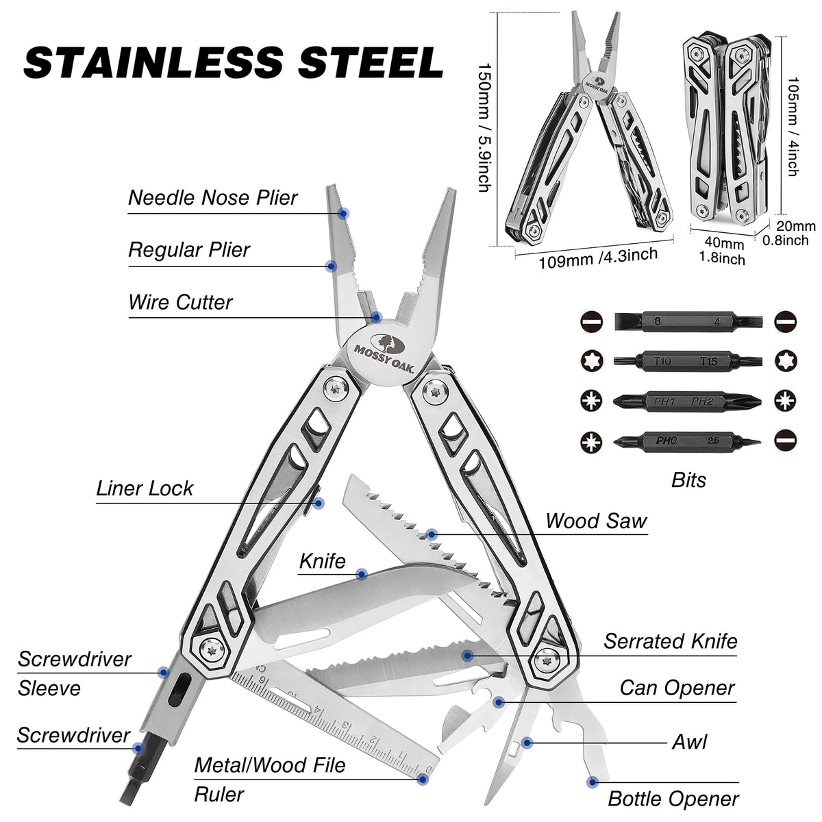 Mossy Oak multitool with self-locking pliers ready for safe tool access.