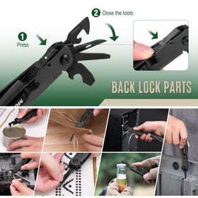 Mossy Oak multitool whistle integrated for signaling in outdoor emergencies.