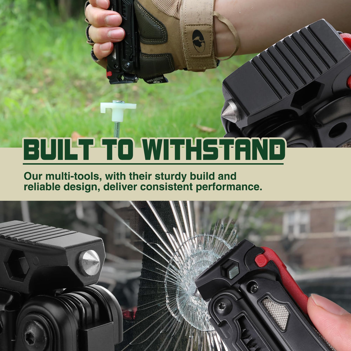 Mossy Oak multitool window-breaker supports emergency escapes during outdoor adventures.