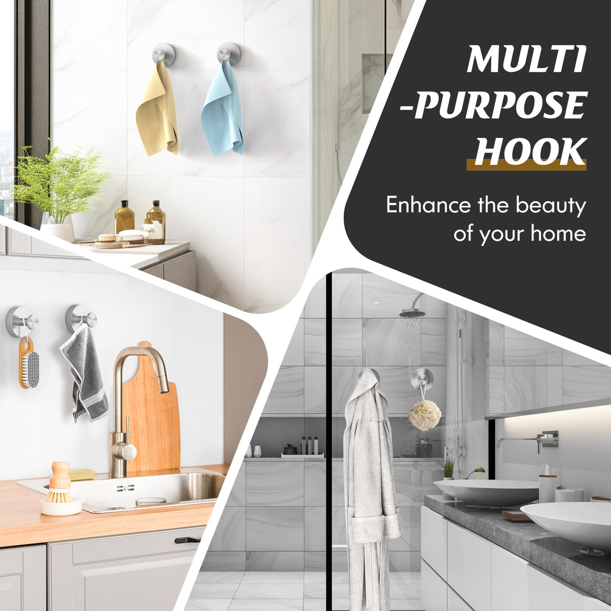 MOTAIPEAK shower hooks reduce clutter on smooth marble surfaces.