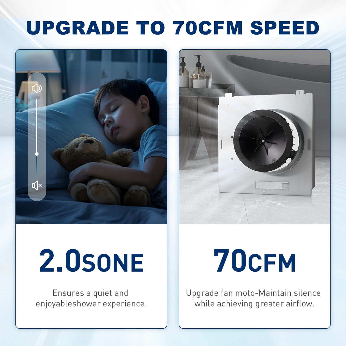 Motoasis copper-wound motor emphasizes durability for long-lasting bathroom ventilation.