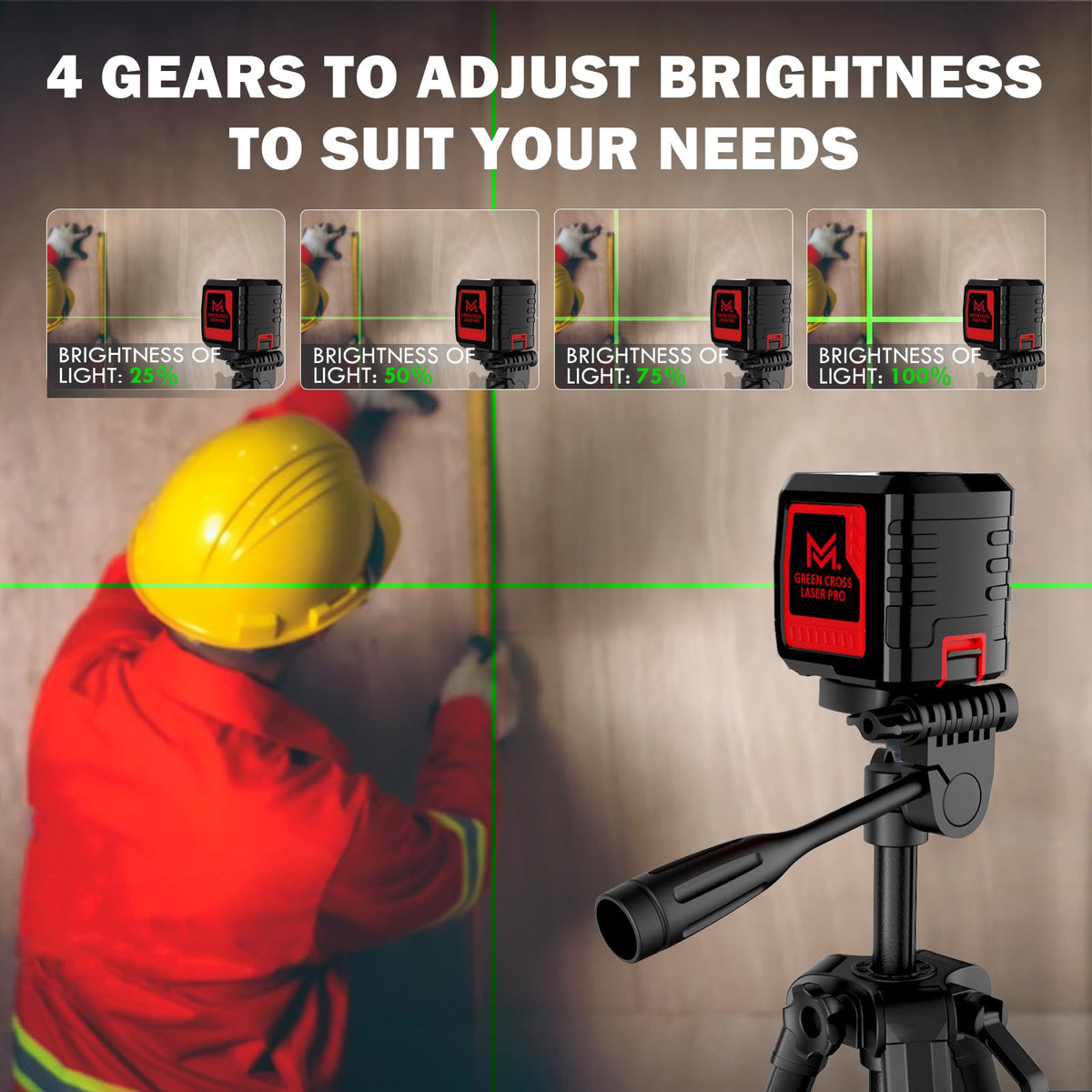 Extended aluminum tripod stabilizes Motovera laser level for stable projection