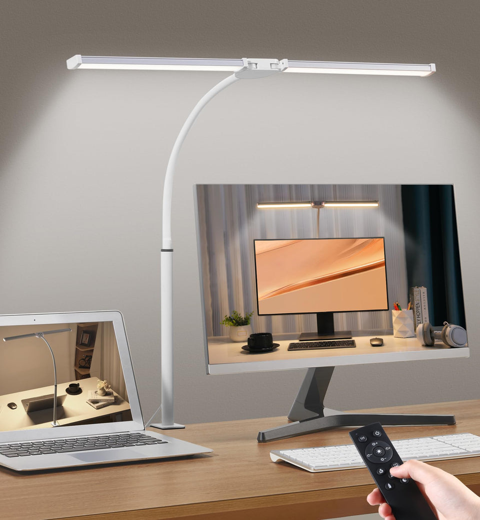Motumen LED desk lamp with dual heads for expansive work light