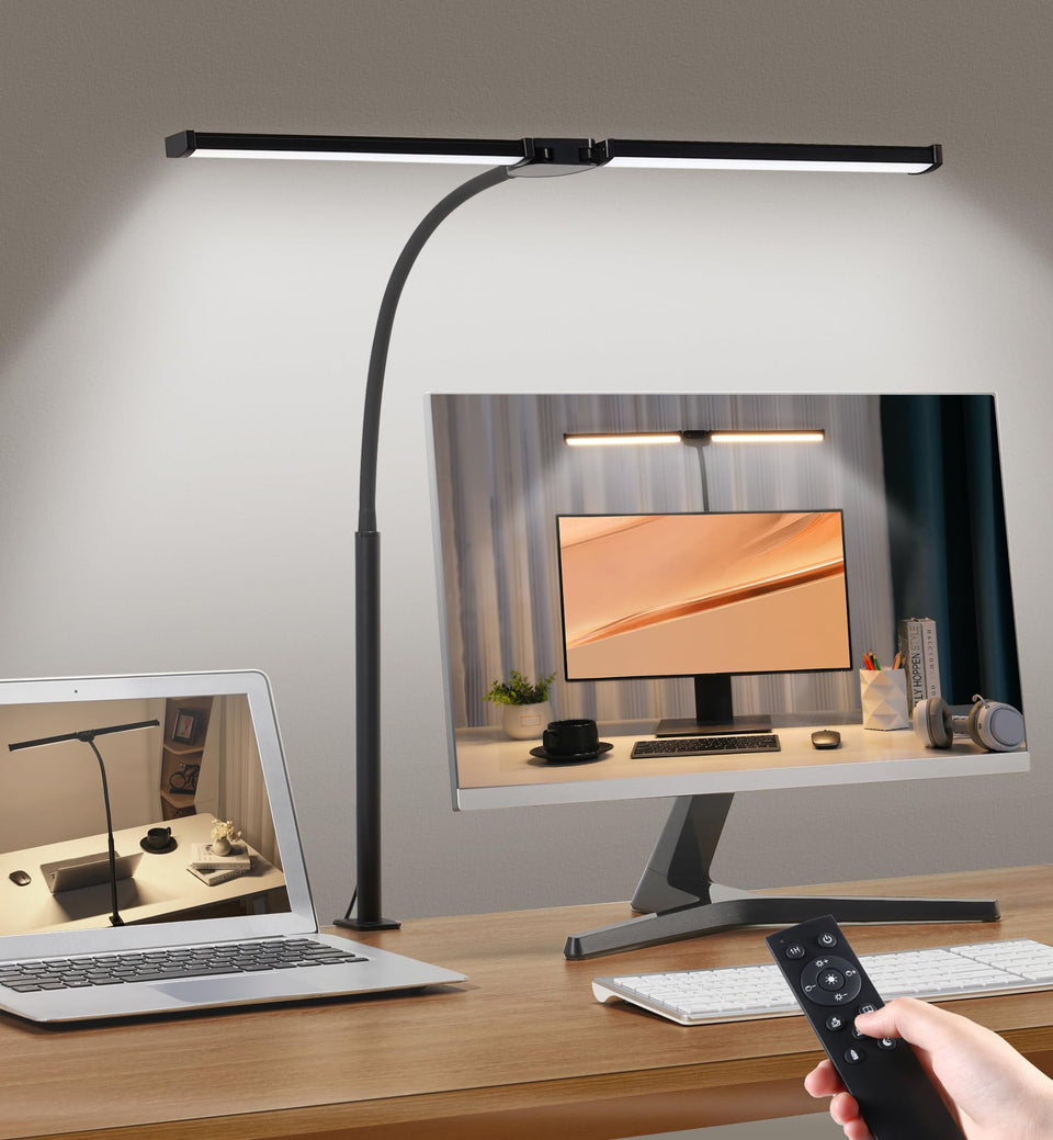Motumen LED desk lamp with dual-head design for wide, even work lighting.