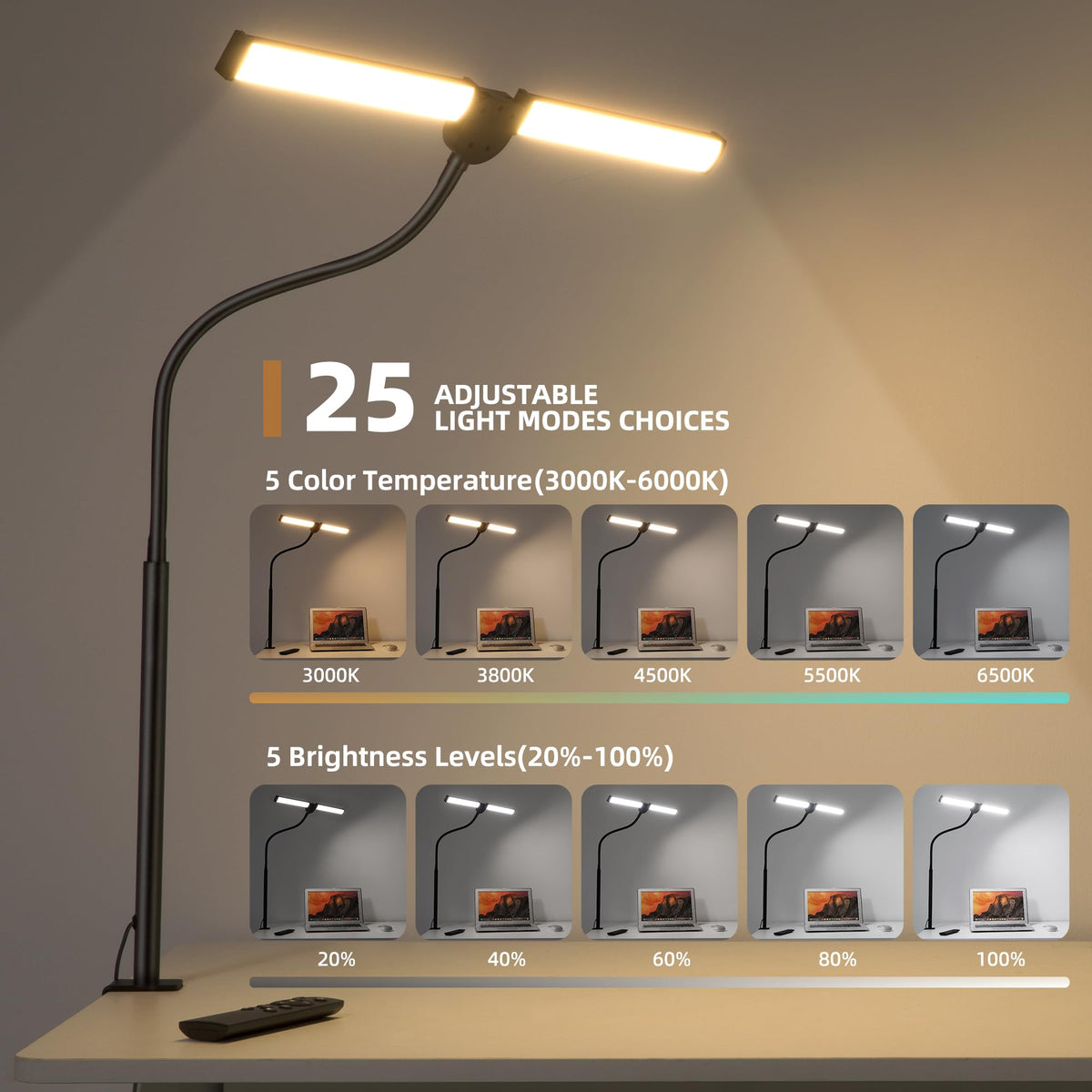 Motumen gooseneck lamp offers flexible positioning for precise task lighting.