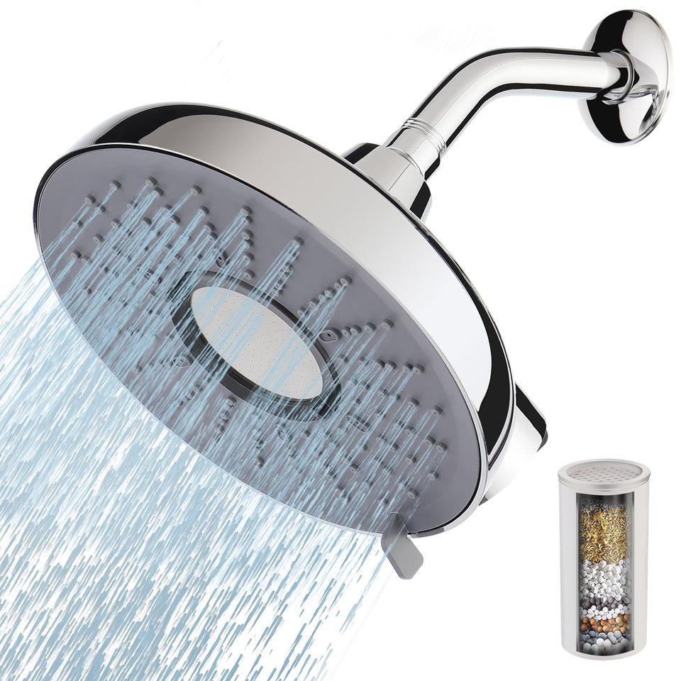 Mougcet filtered shower head with chrome finish delivering spa-like rain spray.