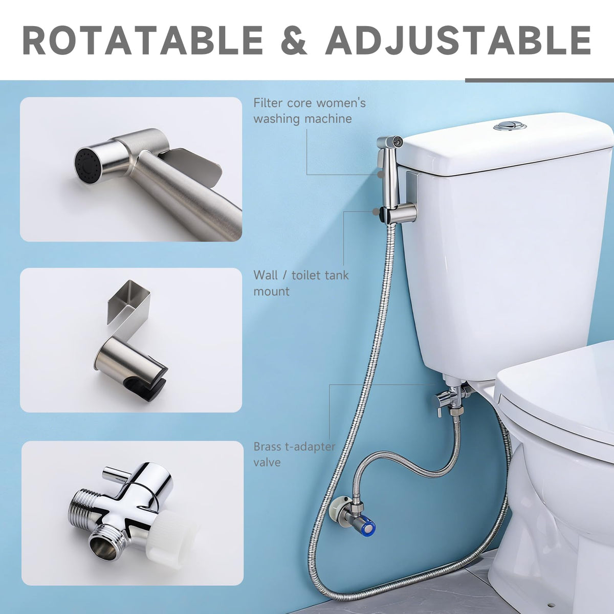 Mougcet stainless steel hose and jet spray for durable cleaning.