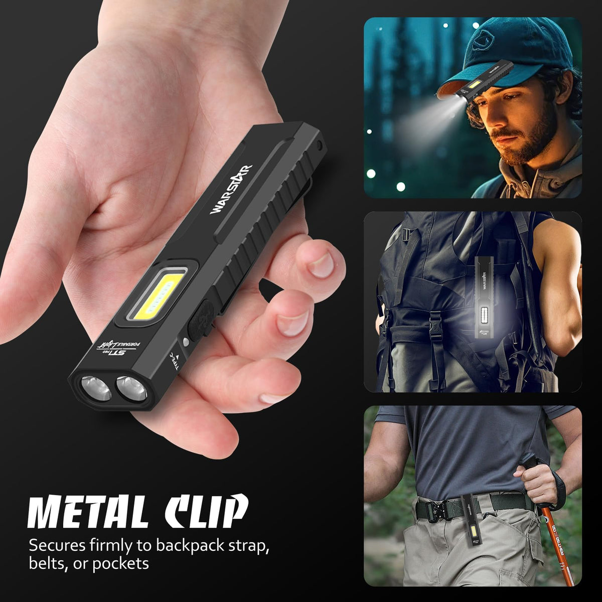 Mougcet USB-C rechargeable flashlight with LED indicators for charging status.