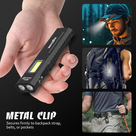 Mougcet USB-C rechargeable flashlight with LED indicators for charging status.
