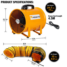 MOUNTO 25-foot vinyl hose extends reach for directing ventilation precisely.