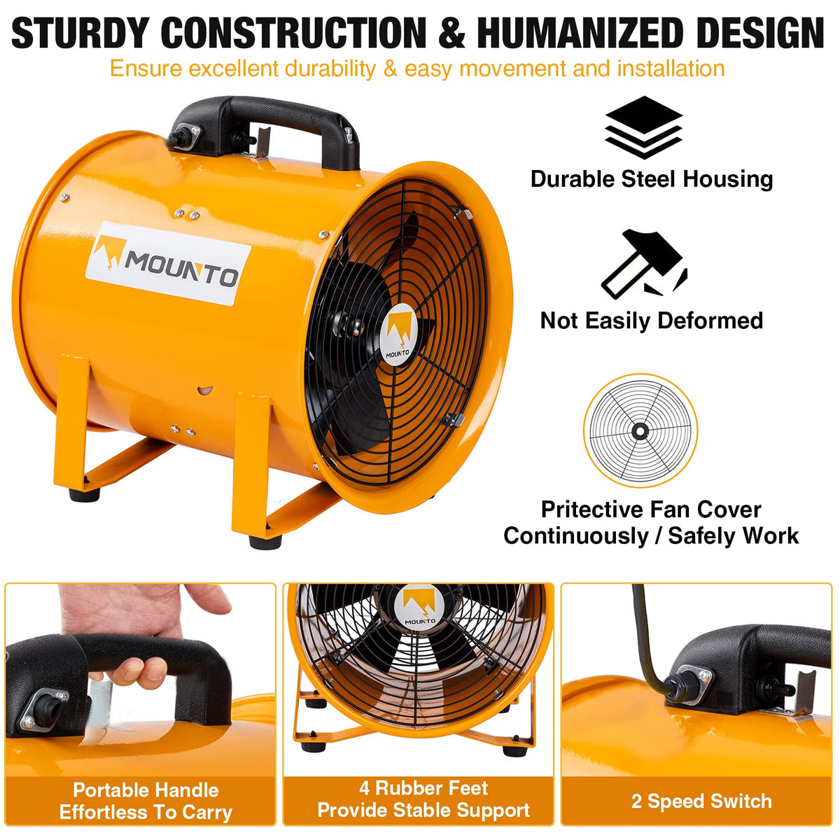 Portable 12-inch axial fan by MOUNTO offers flexible ventilation.