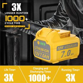 Mounzuikue dual 7000mAh Dewalt DCB124 battery powering tools with extended runtime.