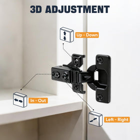 Mousike hinges feature 6-way adjustment for precise door alignment after installation.