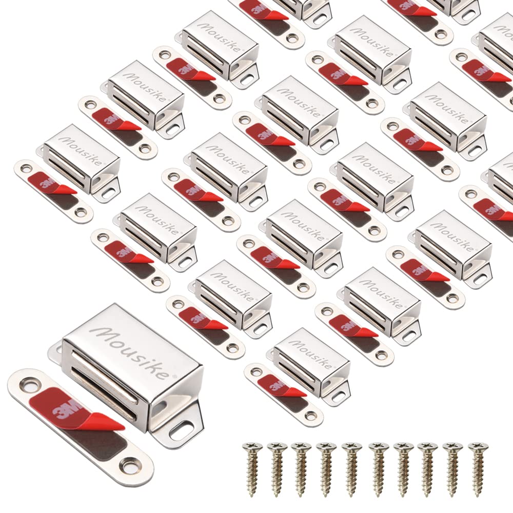 Mousike 30lb stainless steel cabinet magnets securing a kitchen cabinet door