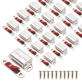 Mousike 30lb stainless steel cabinet magnets securing a kitchen cabinet door