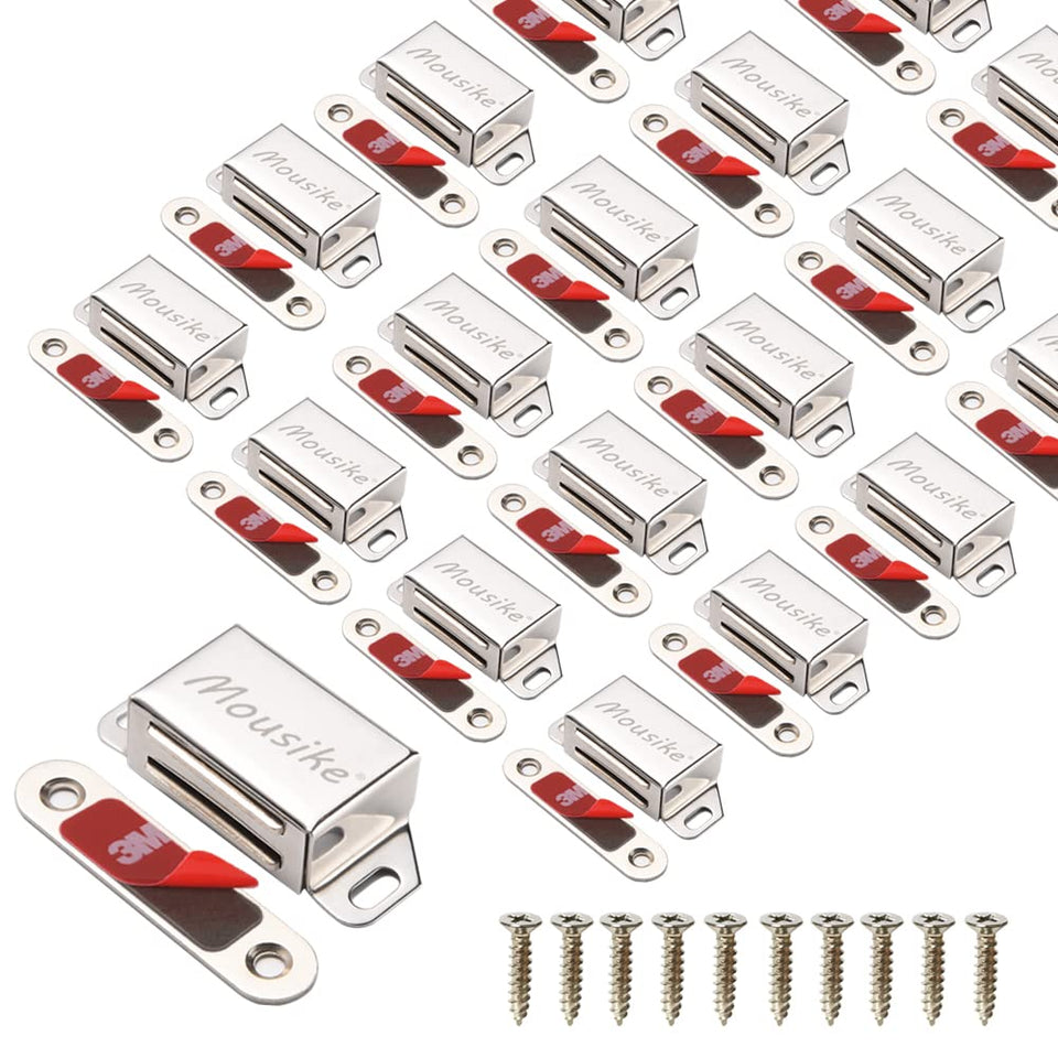 Mousike 30lb stainless steel cabinet magnets securing a kitchen cabinet door