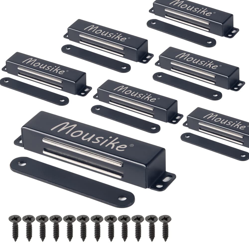 Mousike magnetic door catch closeup showing 90lb pull for secure cabinet closures.