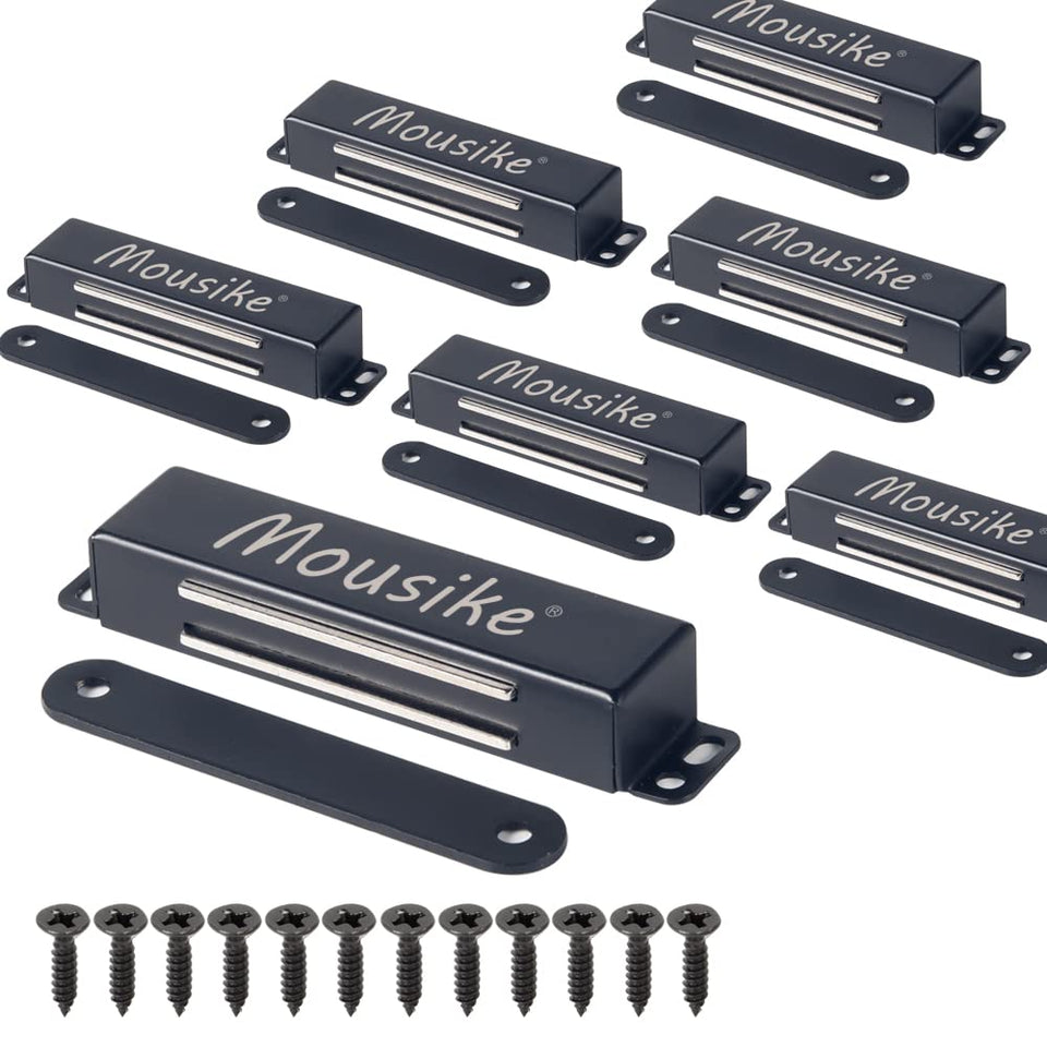 Mousike magnetic door catch closeup showing 90lb pull for secure cabinet closures.