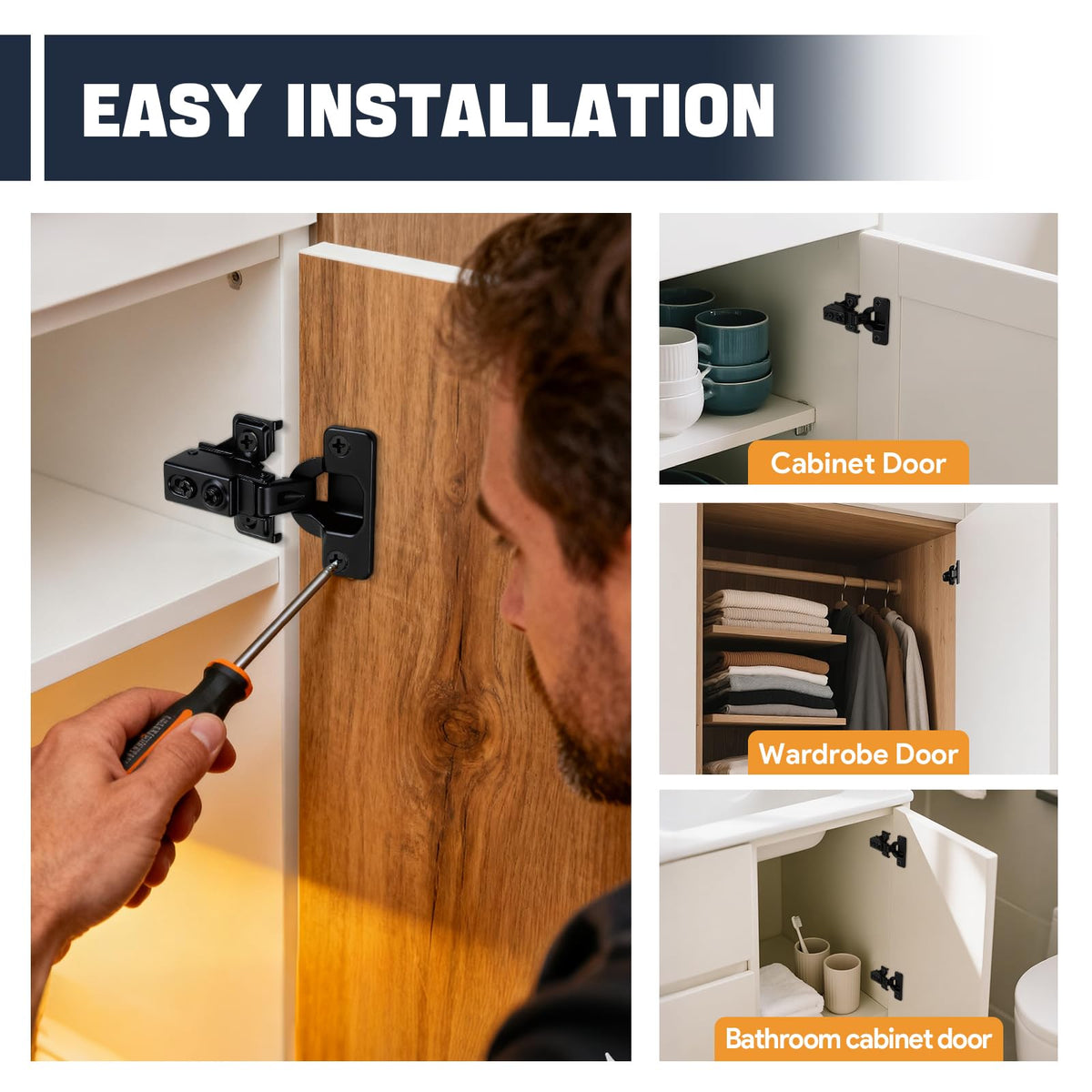 Mousike versatile hinges suitable for kitchen and living space cabinetry with smooth action.