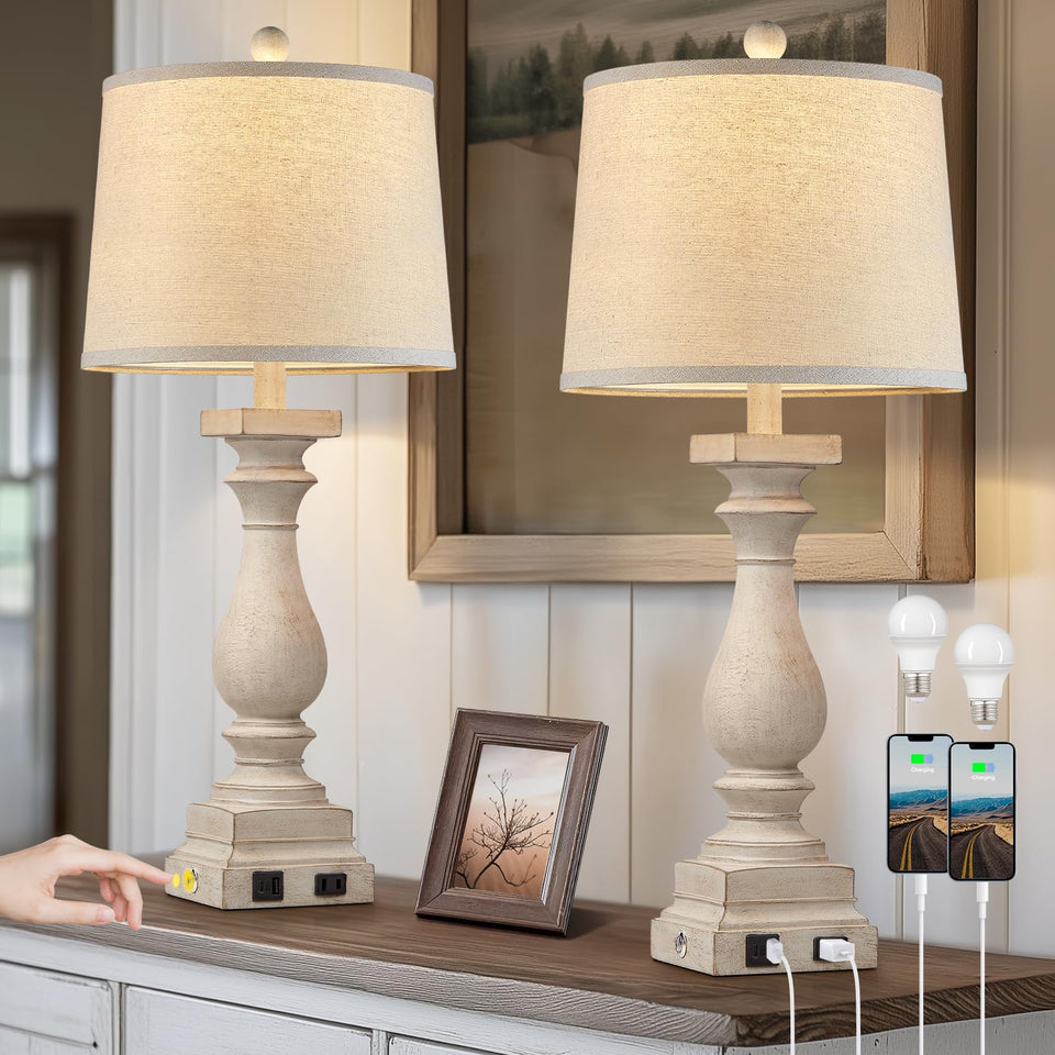 MOUVOVO 28-inch farmhouse table lamps pair on nightstands with warm beige shade
