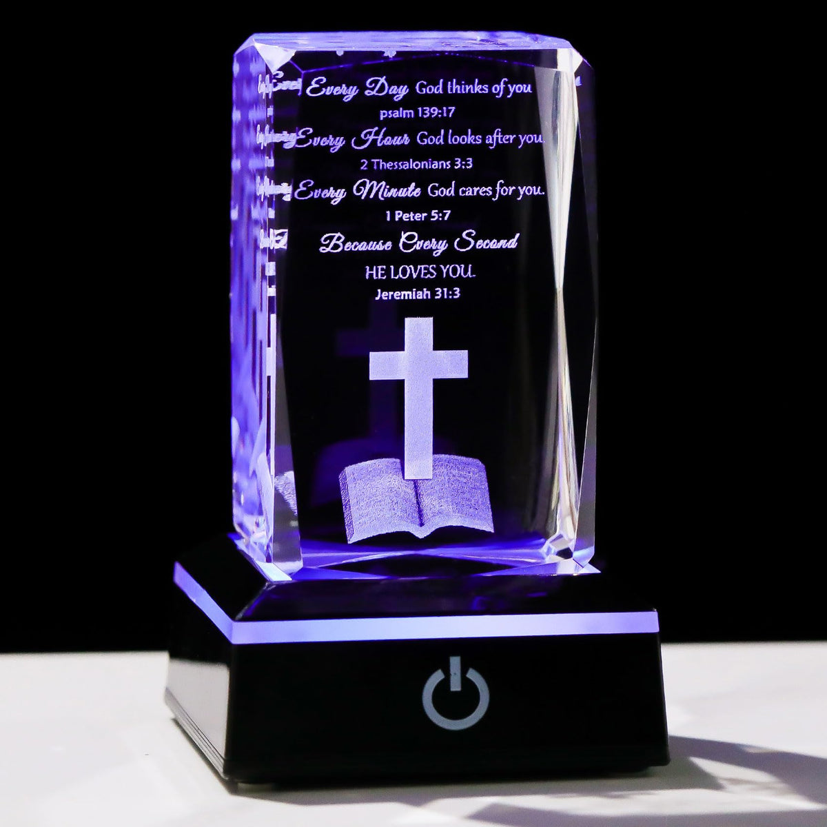 Movdyka 3D crystal cube with Bible verse glowing softly for table display
