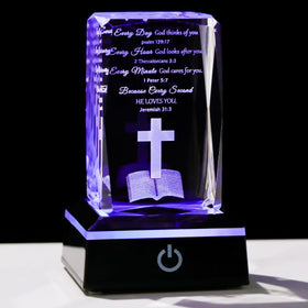 Movdyka 3D crystal cube with Bible verse glowing softly for table display