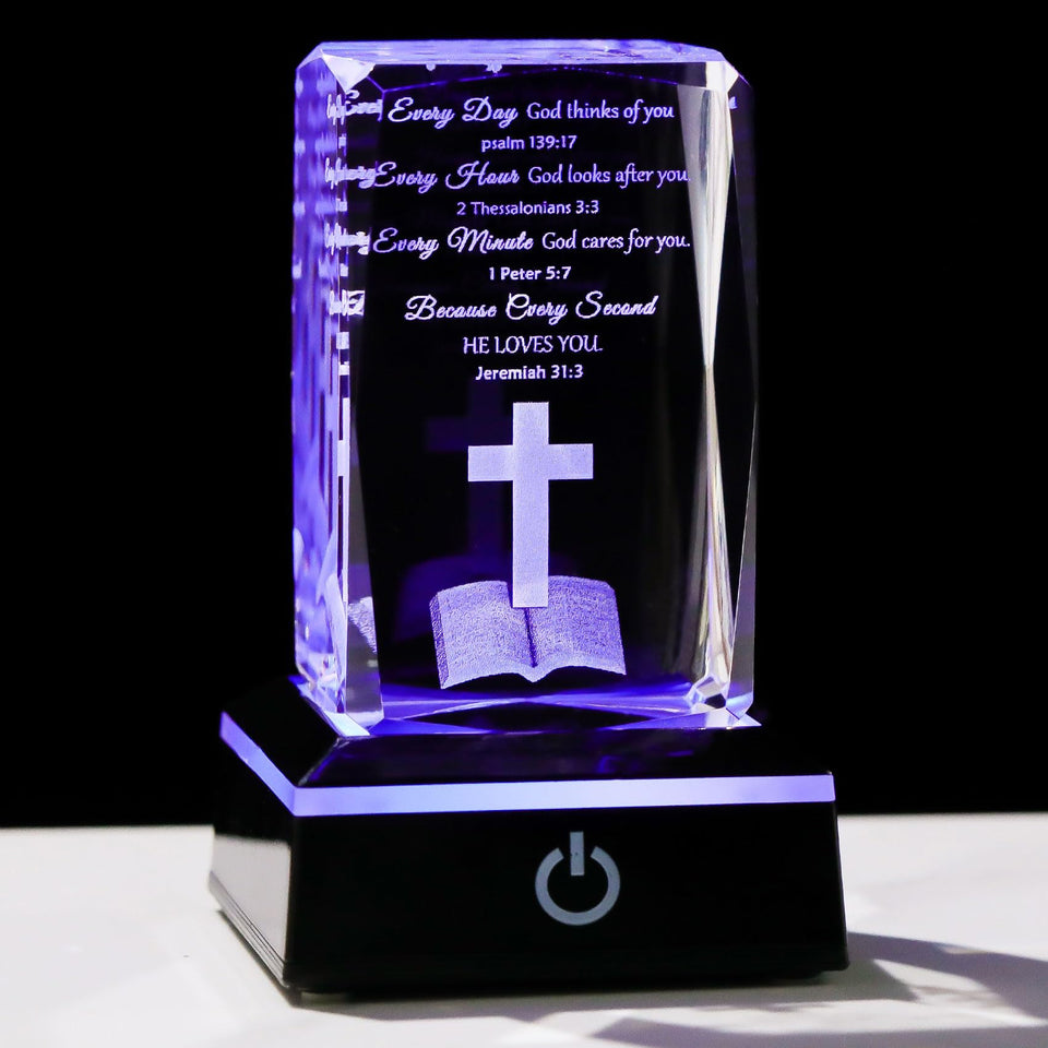 Movdyka 3D crystal cube with Bible verse glowing softly for table display