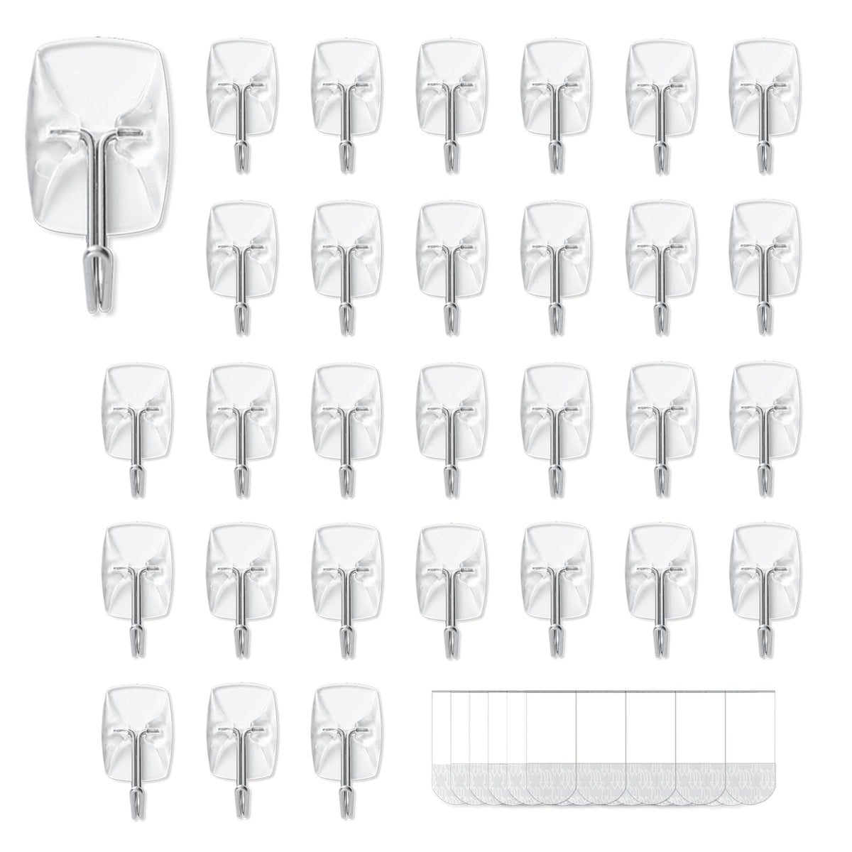 Movelyst 30 small hooks on a wall with adhesive strips for versatile organization.