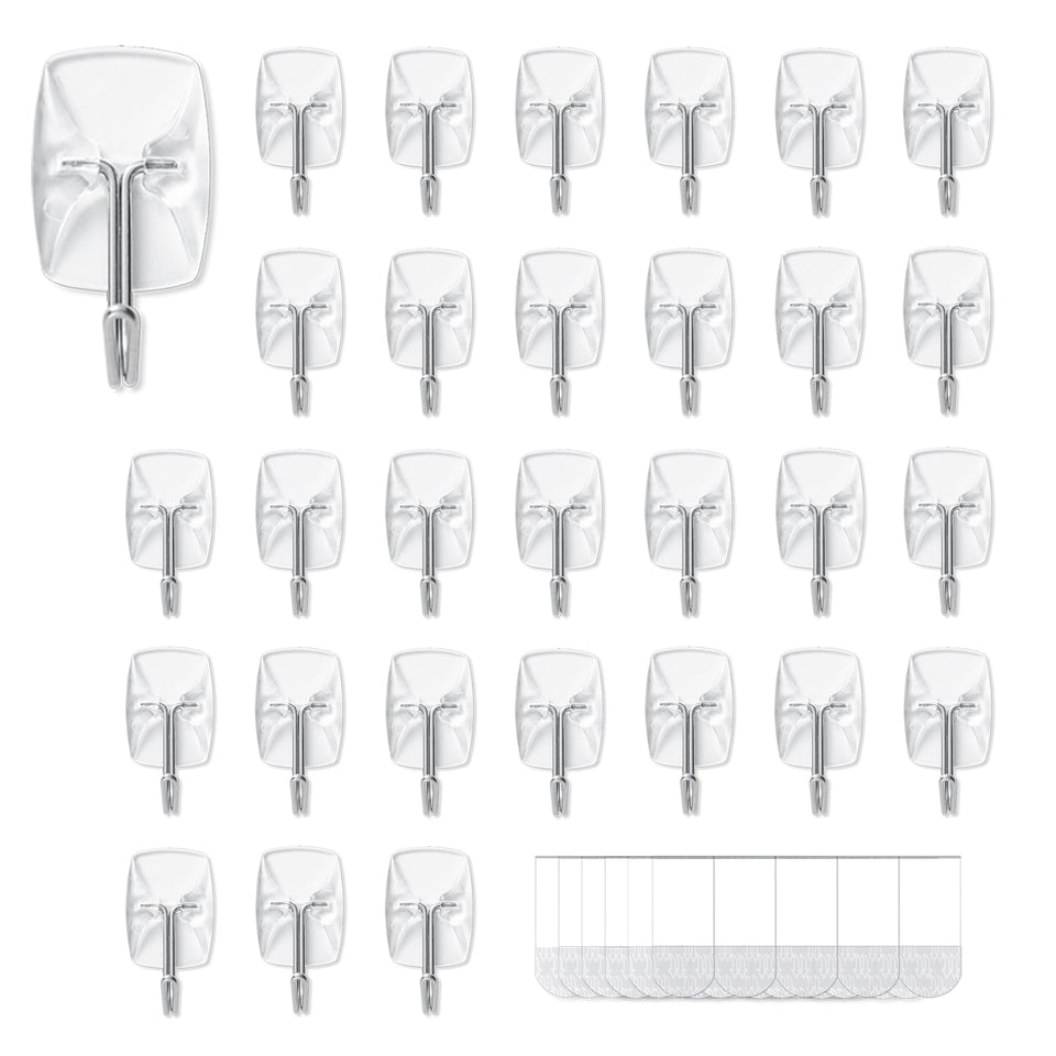 Movelyst 30 small hooks on a wall with adhesive strips for versatile organization.