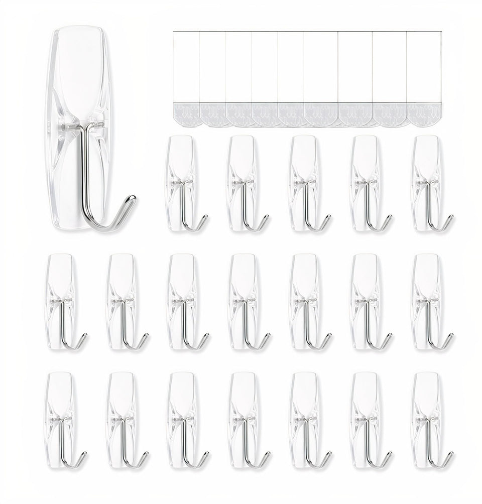 Movelyst clear wall hooks pictured for organized entryways with 18 hooks.