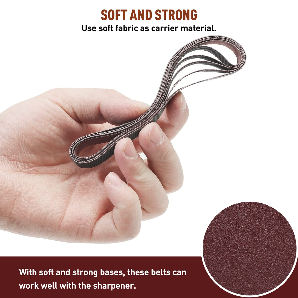 MOVIRON 240-grit zirconia belt close-up for refining blade edges