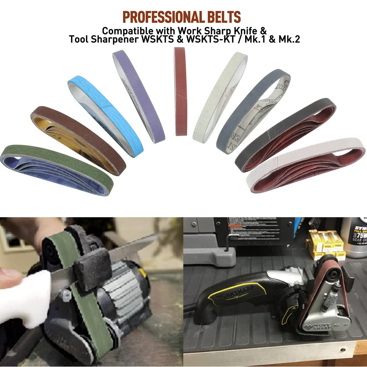 MOVIRON 240-grit belt for Work Sharp; versatile deburring and edge prep.