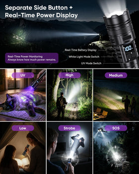 MOWETOO flashlight with digital display shows battery and charge status.