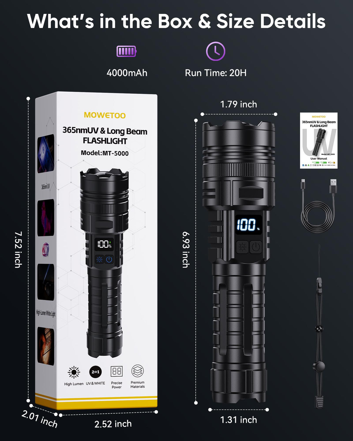 MOWETOO flashlight detects pet urine and stains with UV mode.