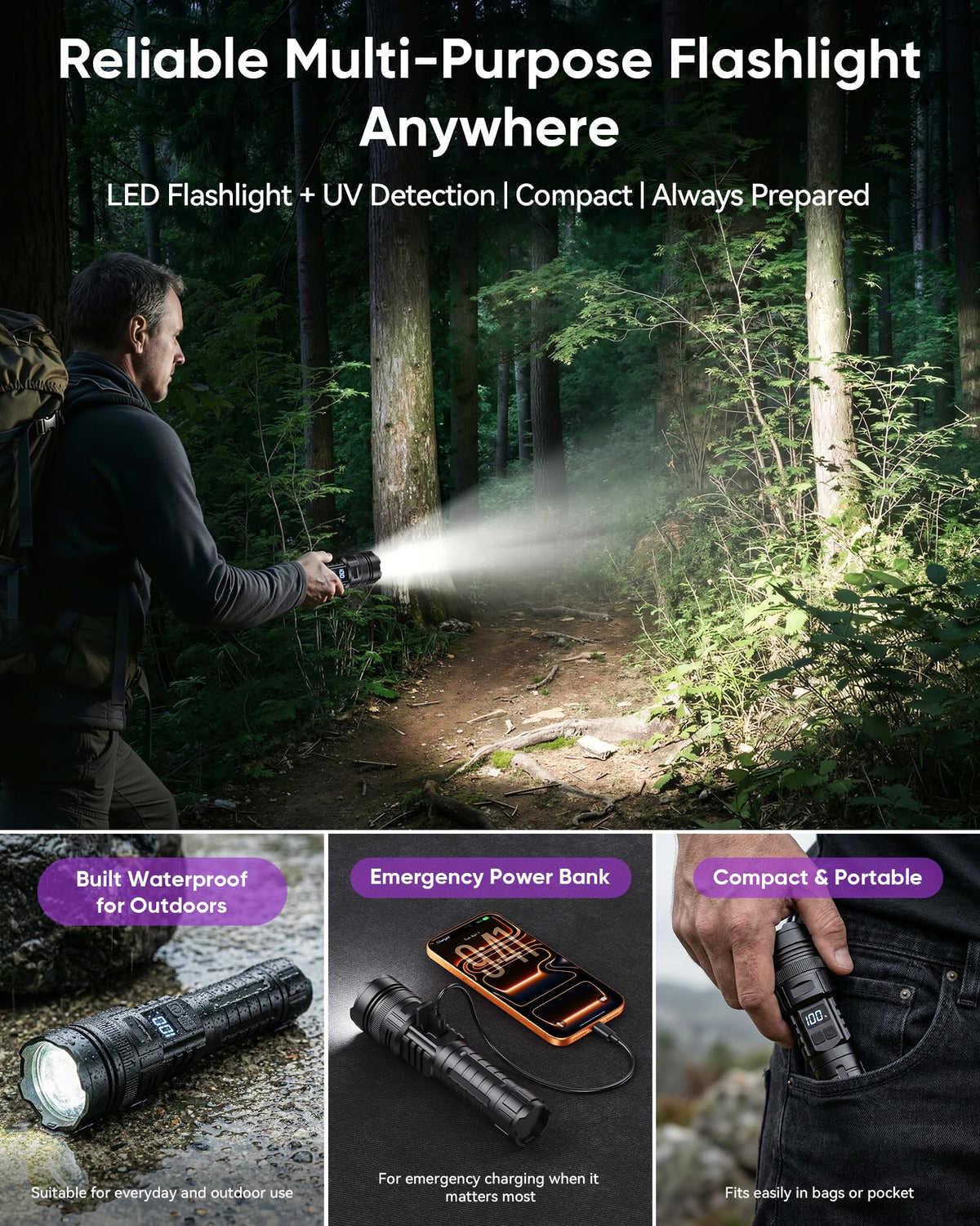 MOWETOO flashlight zoom control focuses light for long-range spotting.