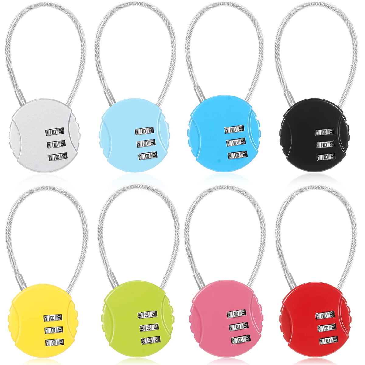 Moxweyeni 8-pack padlocks front view; versatile security for lockers and luggage.