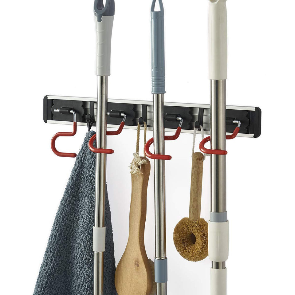 MOYODOR wall-mounted mop and broom holder with stainless steel S-type hooks for secure wall storage.