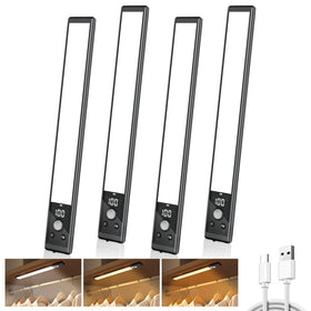 Mpotmiy 4-pack under-cabinet lights with digital display for quick battery status in kitchens.