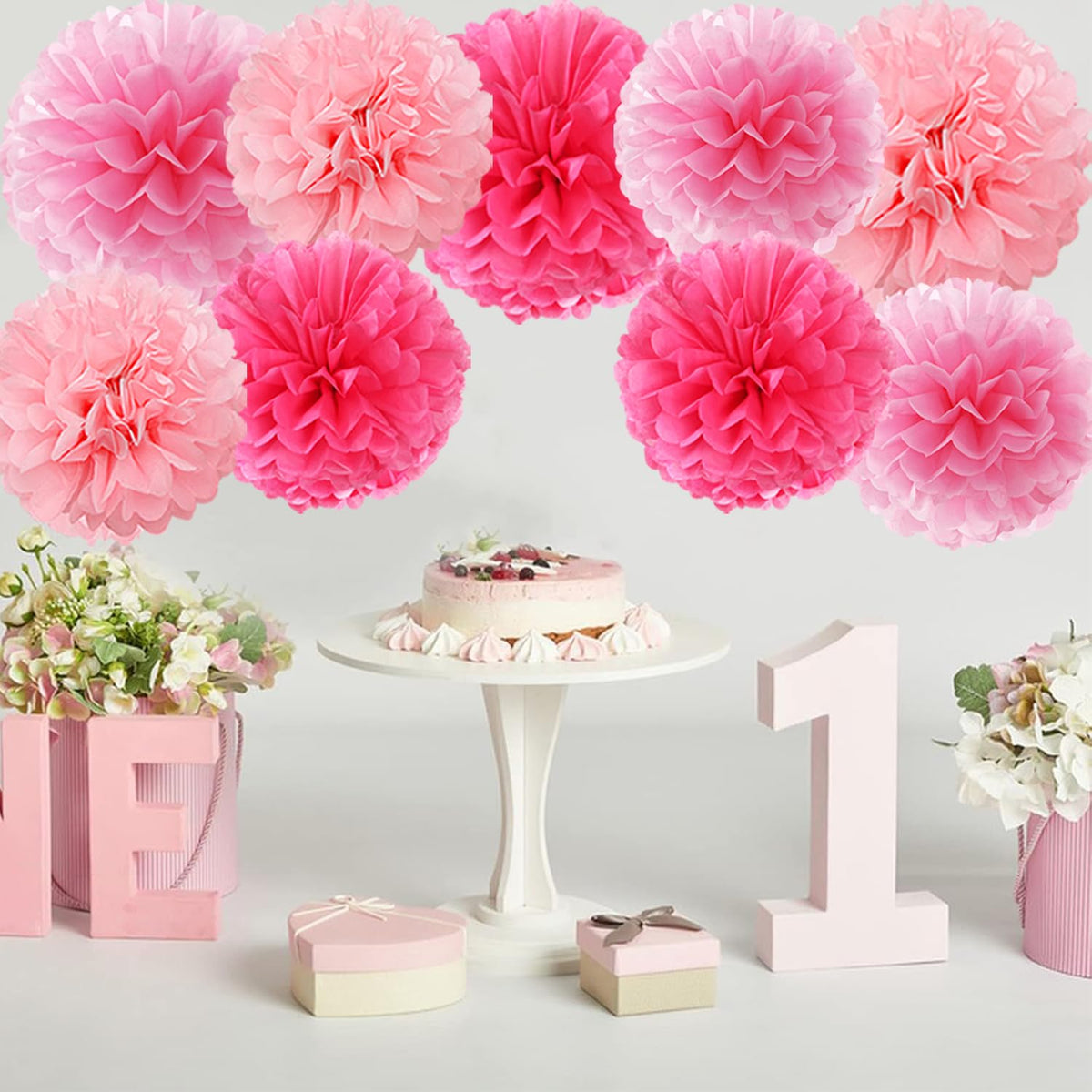 Mprocherify party decor display shows a cohesive pink theme