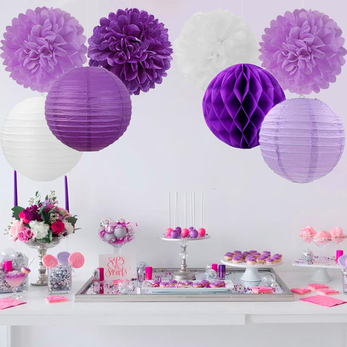 Mprocherify decor setup showing coordinated purple white elements