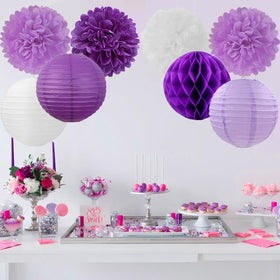 Mprocherify decor setup showing coordinated purple white elements