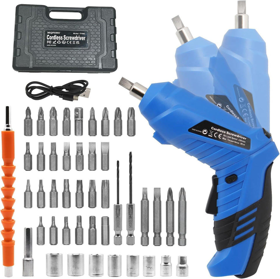 MQFORU blue cordless screwdriver set in hand for quick home repairs