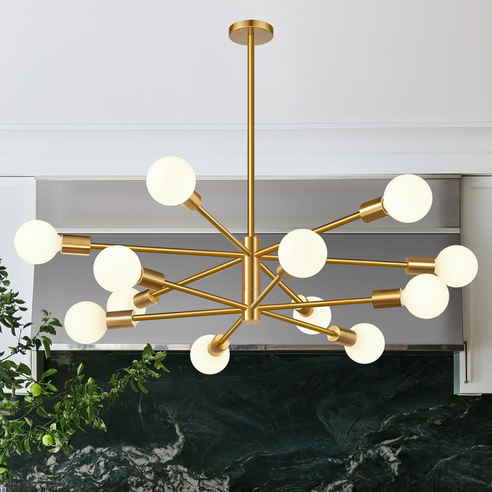MQMQA 33-inch modern chandelier over dining table with brushed gold finish for elegant ambience.