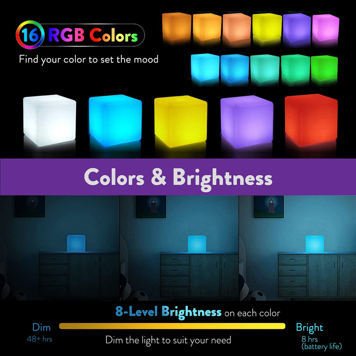 Mr.Go rechargeable LED cube night light powered by built-in lithium battery.