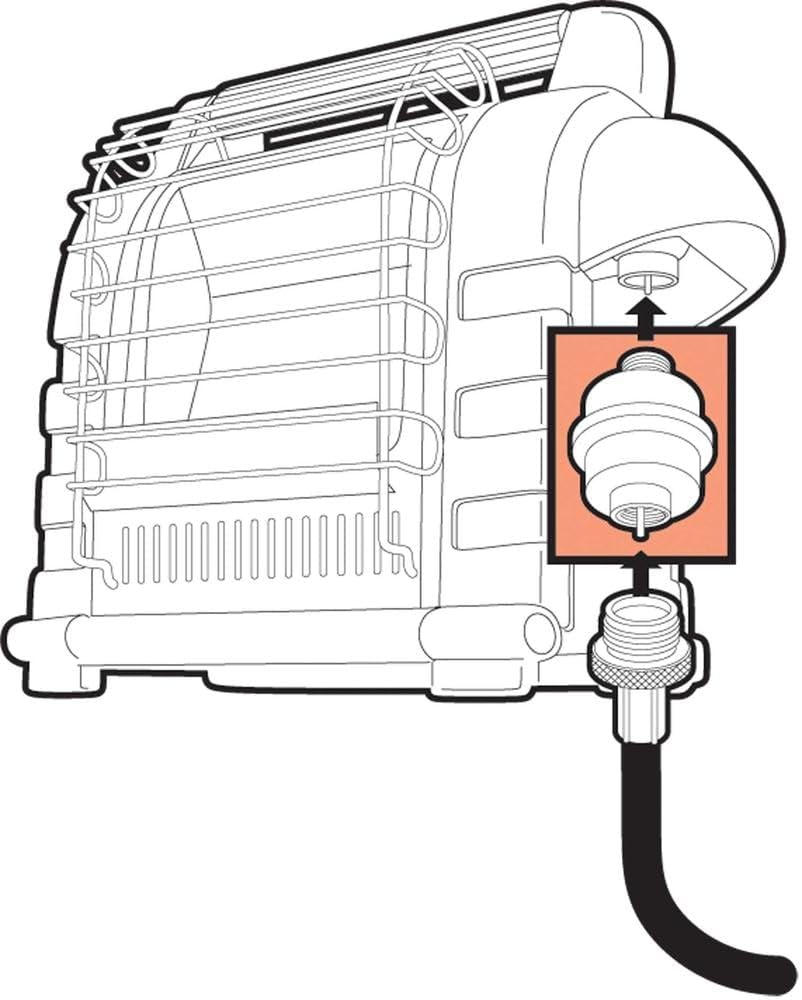 Mr. Heater portable buddy fuel filter shows aluminum body for durable outdoor use.